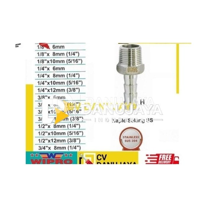 Naple Stainless Steel SS 304 Male Hose Barb Connector 1/4inch WN7121
