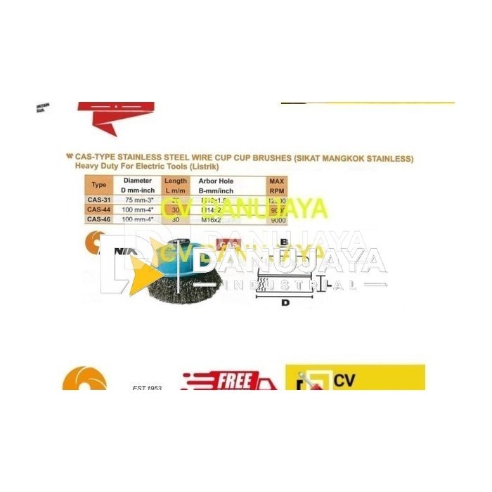 Sikat Mangkok Stainless 3"75mm Kinik CAS31
