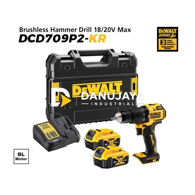 Dewalt Brushless Hammer Drill / Bor Tembok Baterai 18/20V Max 13mm DCD709P2-KR