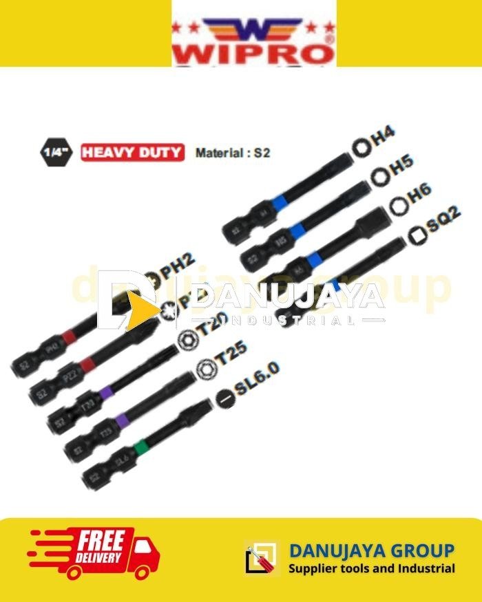 Bit Impact 1/4 Inch Heavy Duty S2 Mata Obeng bor Impact Driver PH2 PZ2 T20 T25 H4 H5 H6 SL6 SQ2 WIPRO