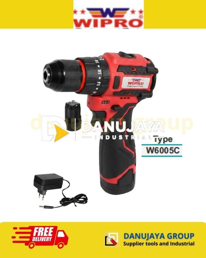 Bor Listrik Impact Cordless W6005C wipro Brushless Motor 16.8V Slim Model - Mesin Bor tangan Baterai Beton Besi Kayu 10mm Double Speed - Set 2 Baterai 2Ah + Koper
