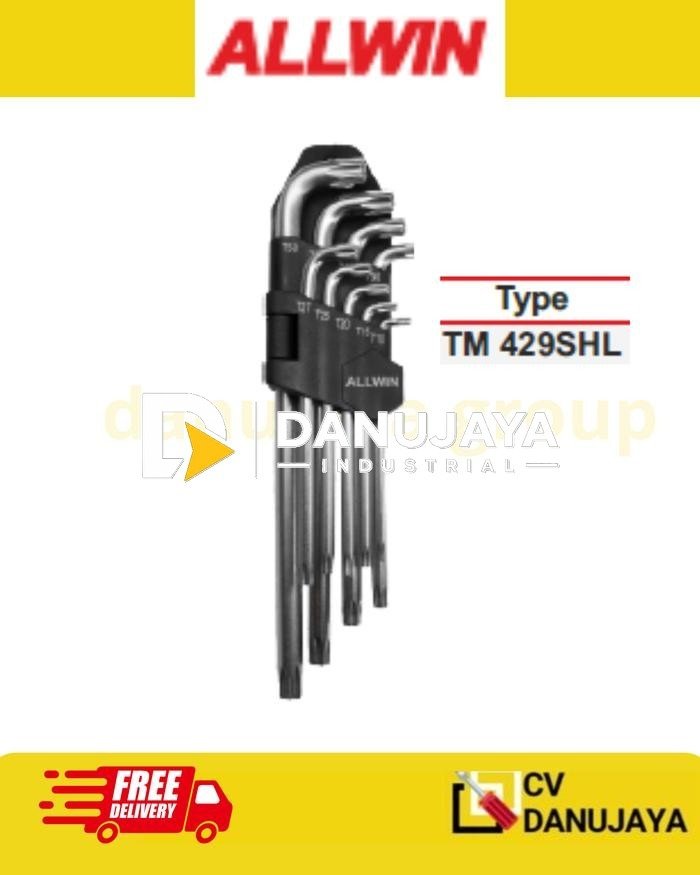 Allen Key Torx Set 9PCS Long Lubang TM 429SHL ALLWIN CRV Kepala Pendek T10 T15 T20 T25 T27 T30 T40 T45 T50 Kunci L Bintang Bolong Set Bengkel Motor Mobil
