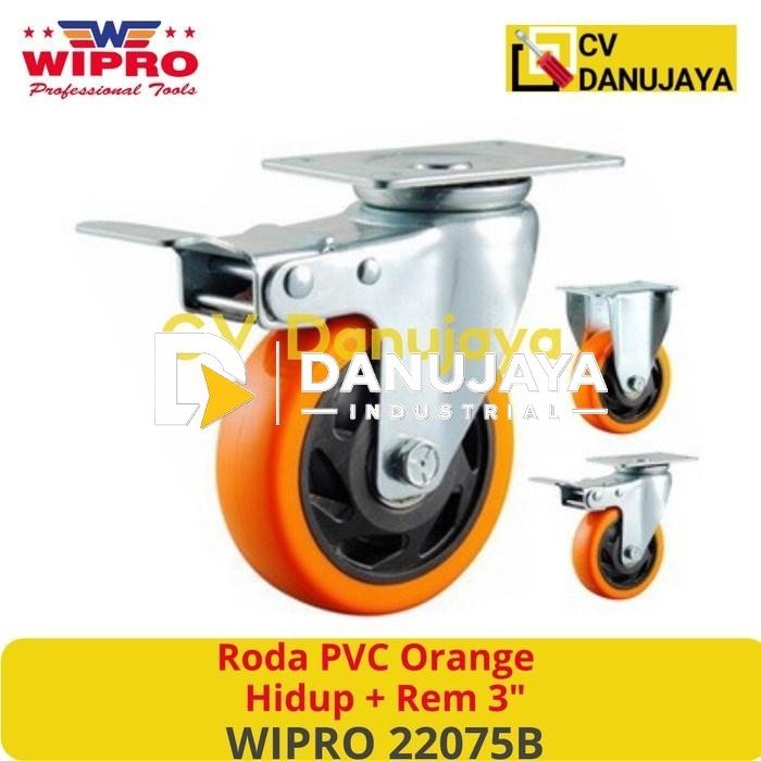Roda PVC Orange Swivel Brake Hidup + Rem 3" WIPRO 22075B