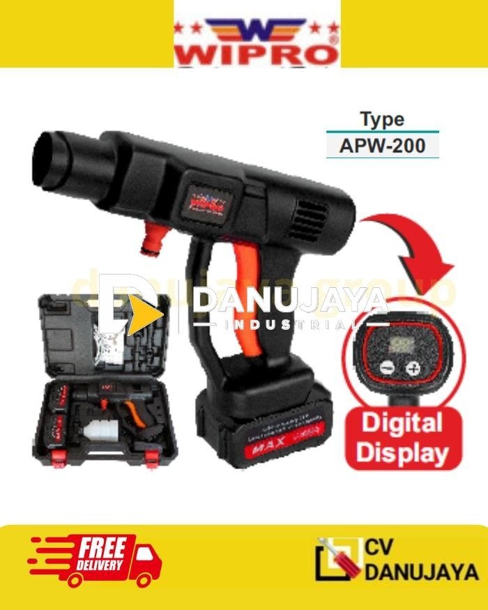 Jet Cleaner Cordless APW-200 21V 3Ah Lithium Mesin Cuci Motor Mobil Portable Tanpa Kabel Tekanan 18 Bar 2 Baterai Aksesoris Lengkap