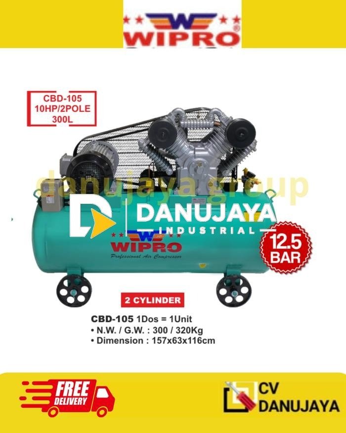 Compressor Belt Drive 30 Liter 12,5 Bar 12,5bar  Motor Type Kompresor Udara Angin 300L Sabuk V-Belt Air Compresor Wipro 2 Cylinder Silinder CBD 105 10HP 2POLE