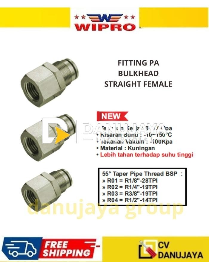 Wipro Fitting PA Bulkhead Straight Female Connector Sambungan Pipa Lurus NPMFT Series Kuningan Nikel Ulir Dalam Metric R BSPT 4mm 12mm - Paint